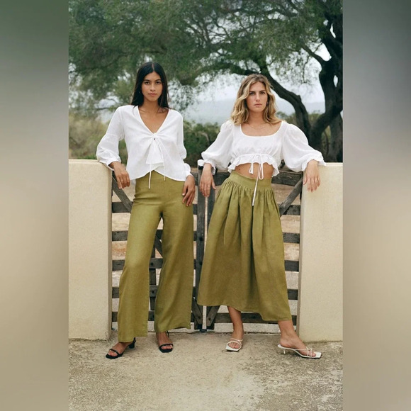 arkitaip Clara Flared Linen Trousers Willow Green High Rise 100% Belgian Linen - Picture 3 of 10